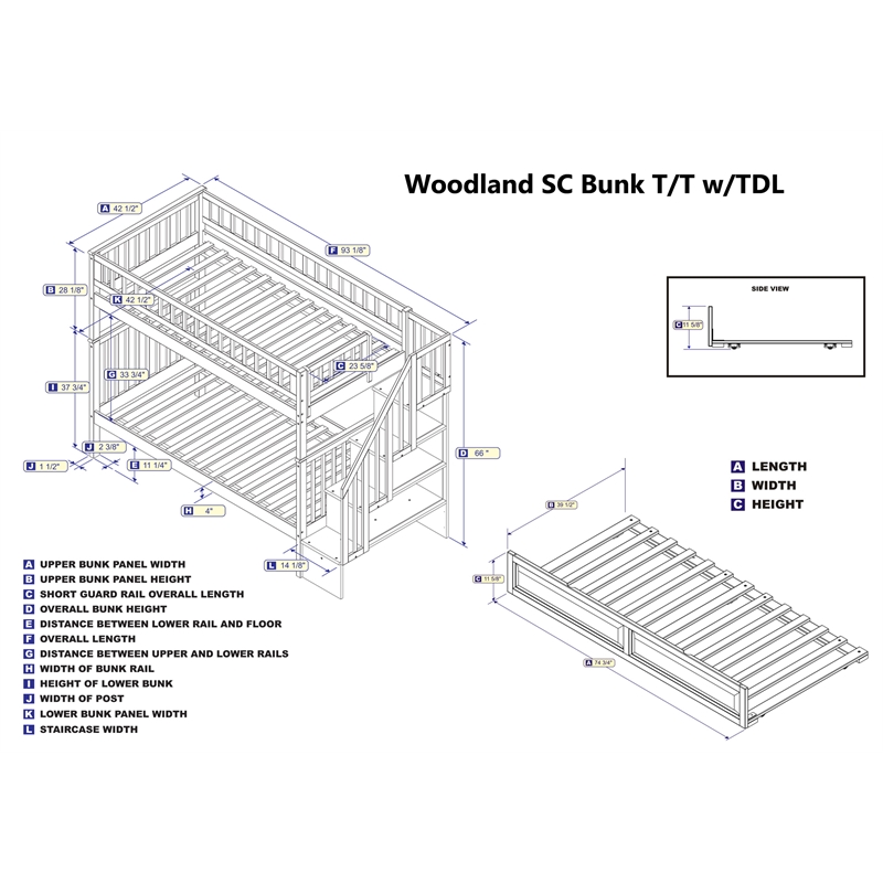 AFI Woodland Twin Over Twin Staircase Trundle Wood Bunk Bed in Walnut