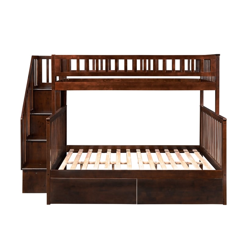 AFI Woodland Twin Over Full Staircase Storage Wood Bunk Bed in Walnut