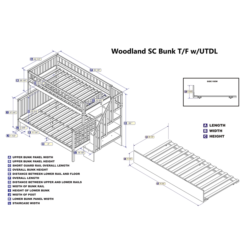 AFI Woodland Twin Over Full Staircase Trundle Wood Bunk Bed in White