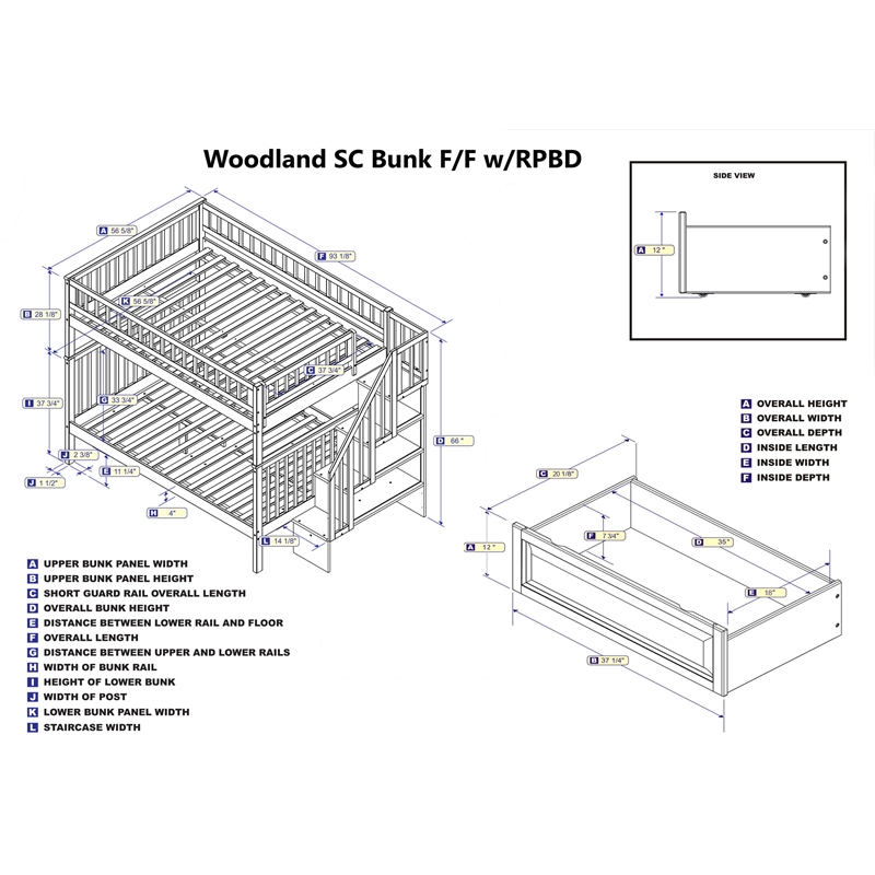 AFI Woodland Full Over Full Staircase Storage Wood Bunk Bed in White