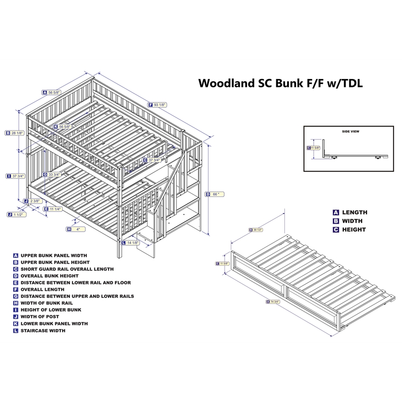 AFI Woodland Full Over Full Staircase Trundle Wood Bunk Bed in White