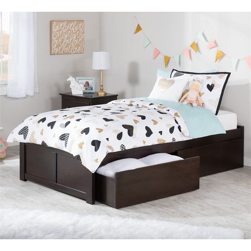 Concord Wood Twin XL Platform Bed with Footboard & 2 Storage Drawers in Espresso