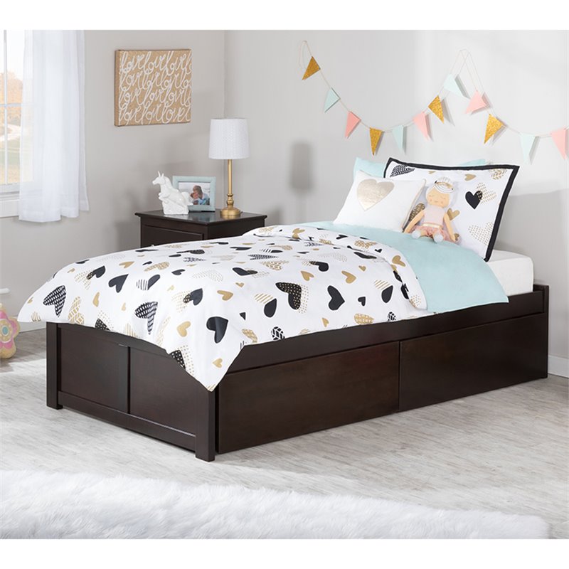Concord Wood Twin XL Platform Bed with Footboard & 2 Storage Drawers in Espresso