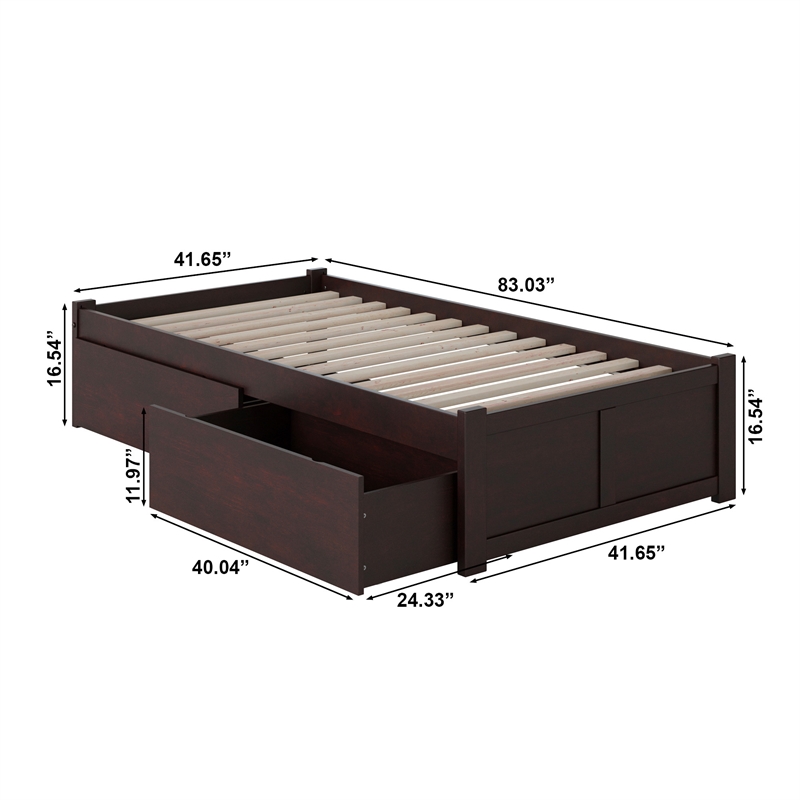 Concord Wood Twin XL Platform Bed with Footboard & 2 Storage Drawers in Espresso