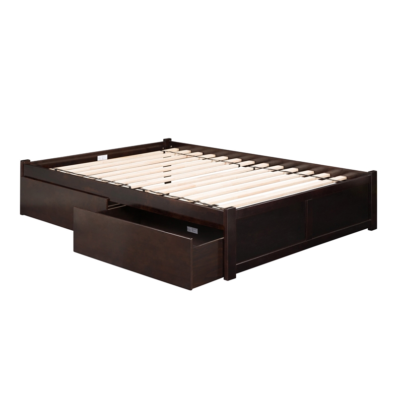 Concord Queen Wood Platform Bed with Footboard & 2 Storage Drawers in Espresso