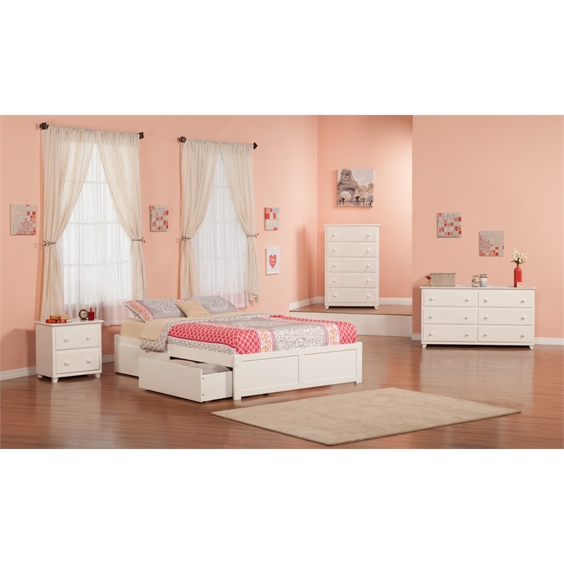Concord Queen Wood Platform Bed with Footboard & 2 Storage Drawers in White