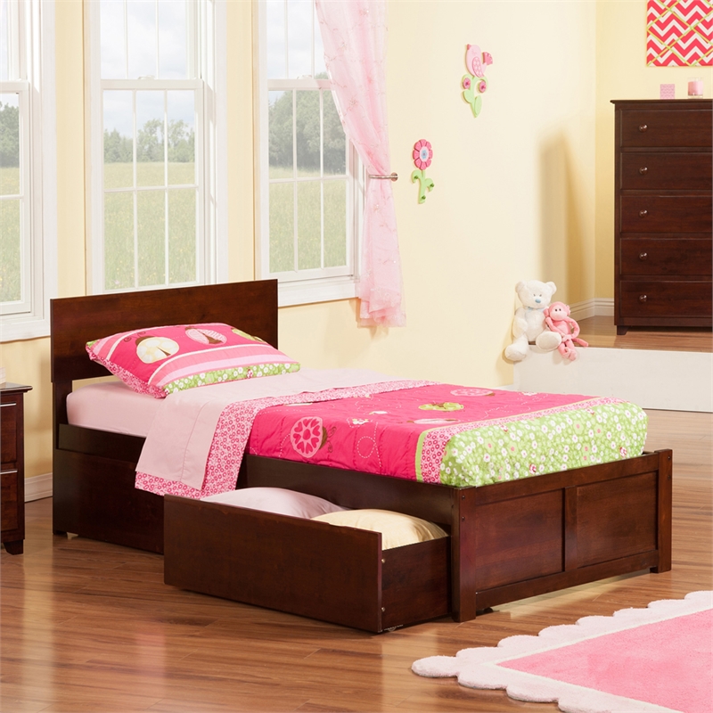 Orlando Twin XL Wood Platform Bed with Footboard and Storage Drawers in Walnut