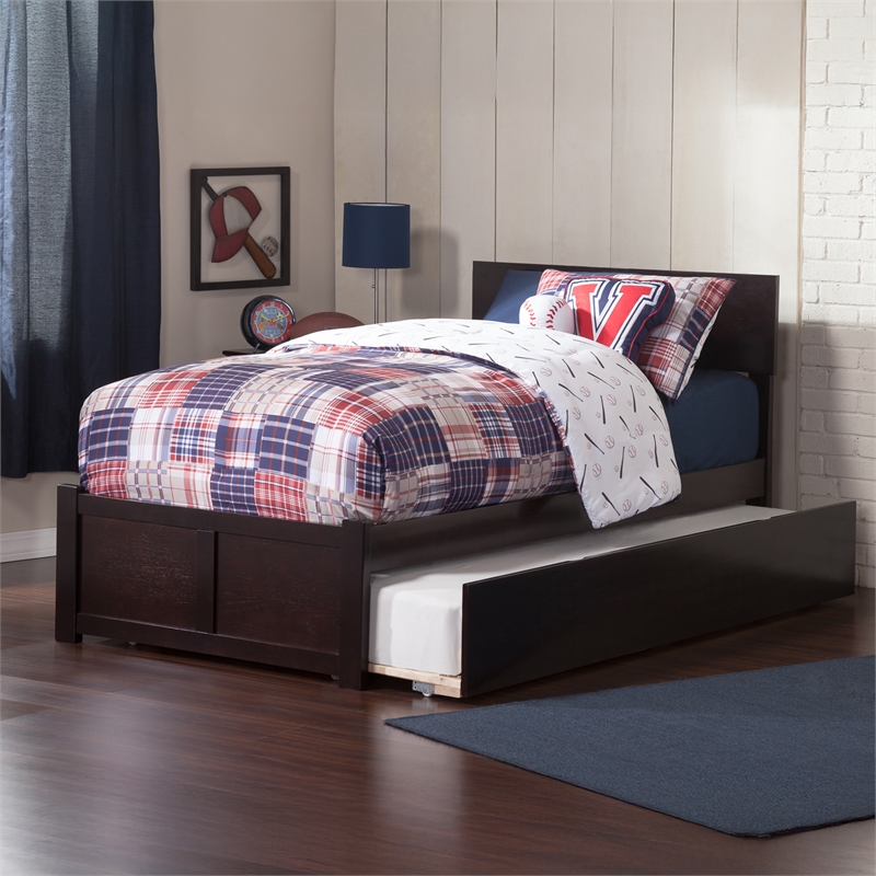 Orlando Twin Wood Platform Bed with Footboard and Twin Trundle in Espresso
