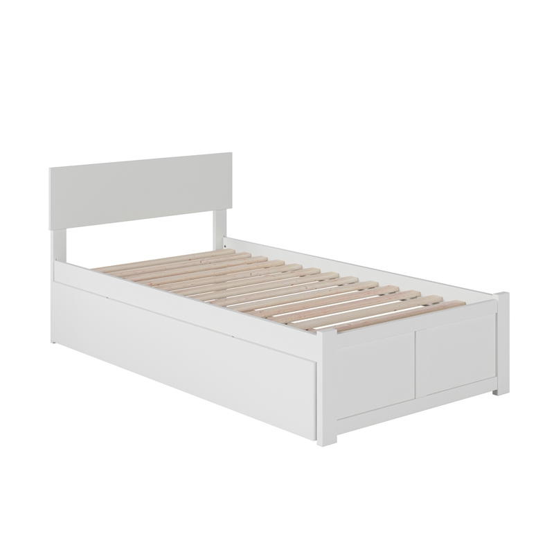Orlando Twin Wood Platform Bed with Footboard and Twin Trundle in White