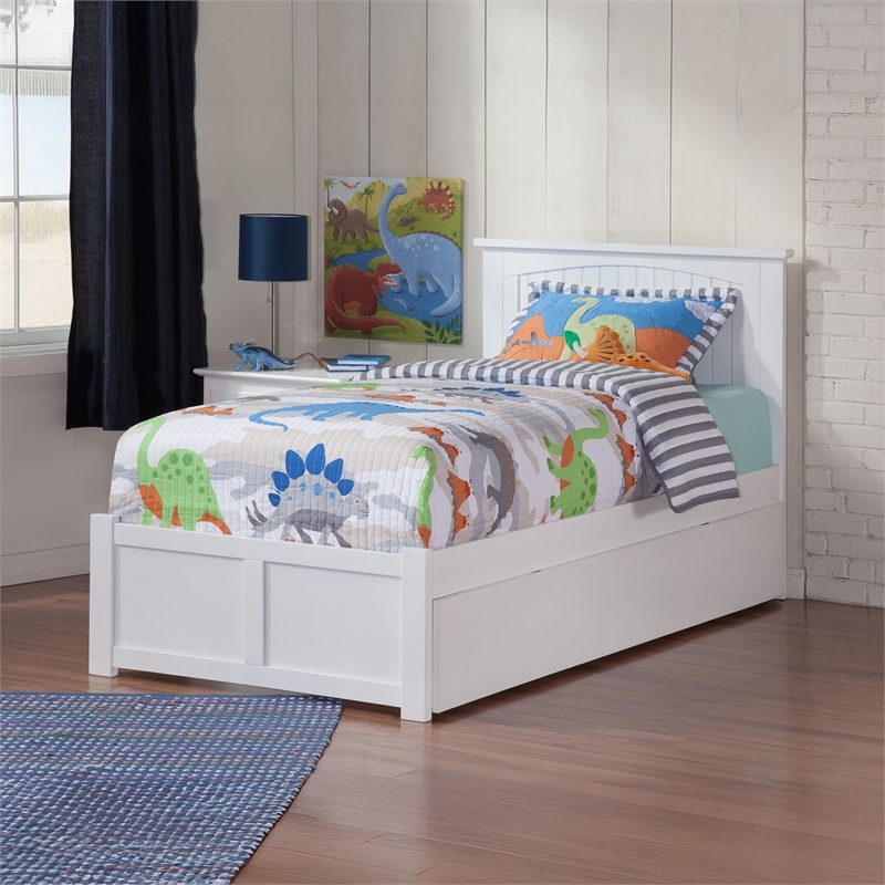 Nantucket Twin Wood Platform Bed with Footboard and Twin Trundle in White