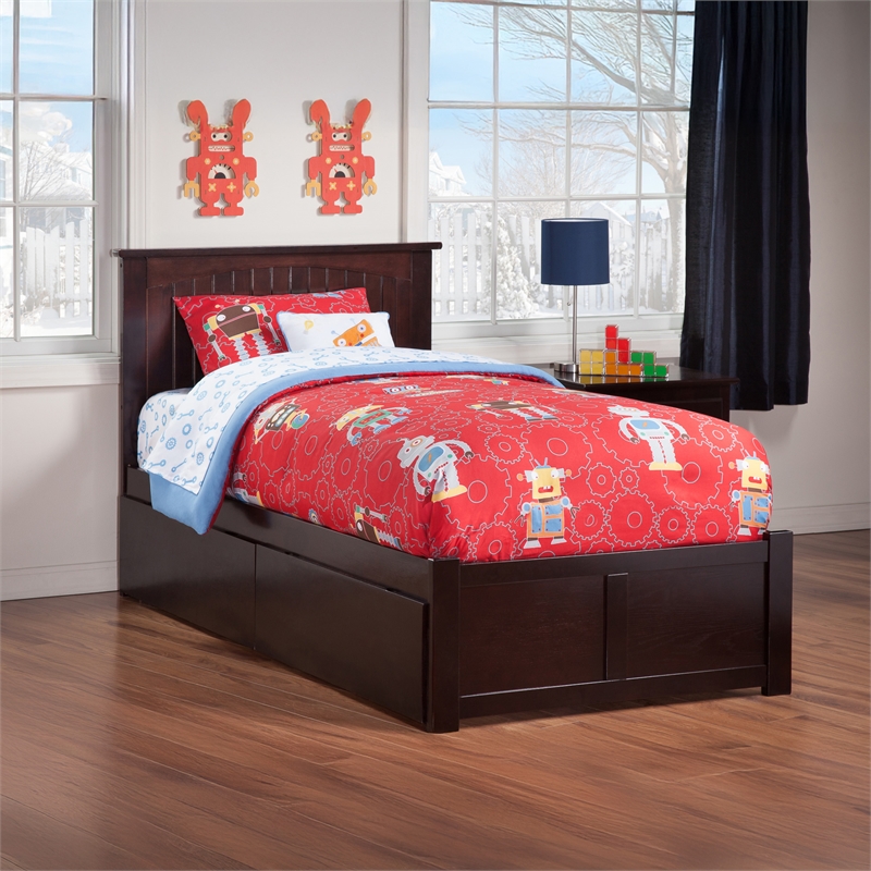 Nantucket Twin Wood Platform Bed with Footboard and Storage Drawers in Espresso