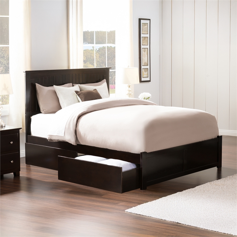 Nantucket Queen Wood Platform Bed with Footboard and Storage Drawers in Espresso