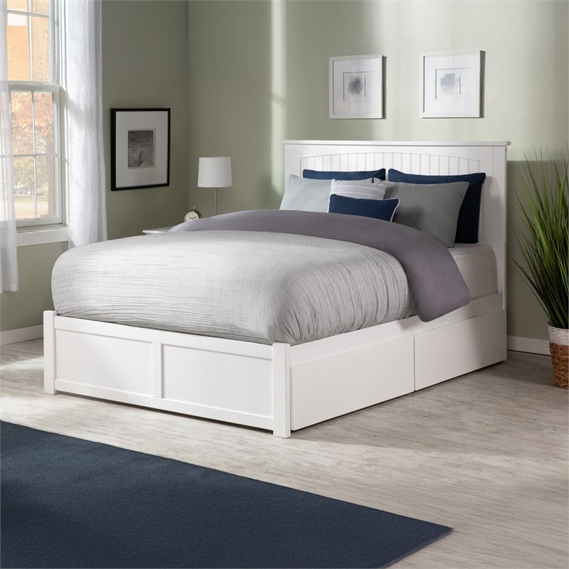 Nantucket Queen Wood Platform Bed with Footboard and Storage Drawers in White