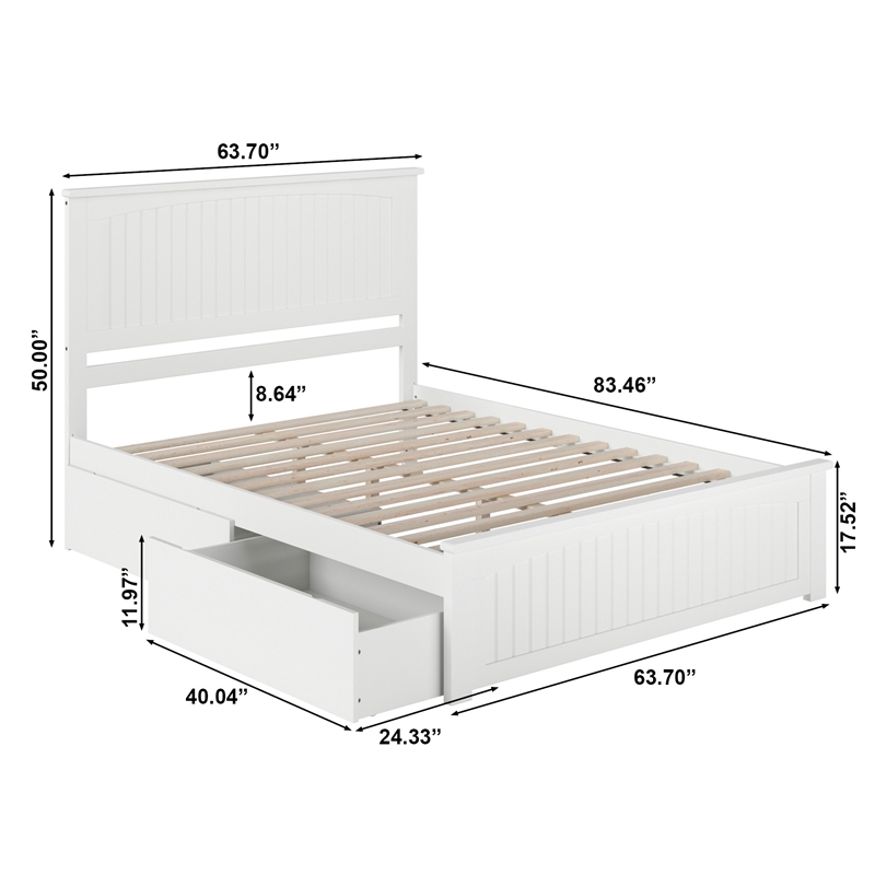 Nantucket Queen Wood Platform Bed with Matching Footboard and Drawers in White