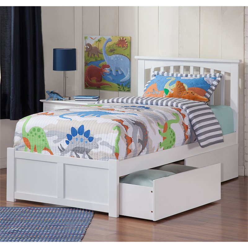Mission Twin XL Wood Platform Bed with Footboard and Storage Drawers in White