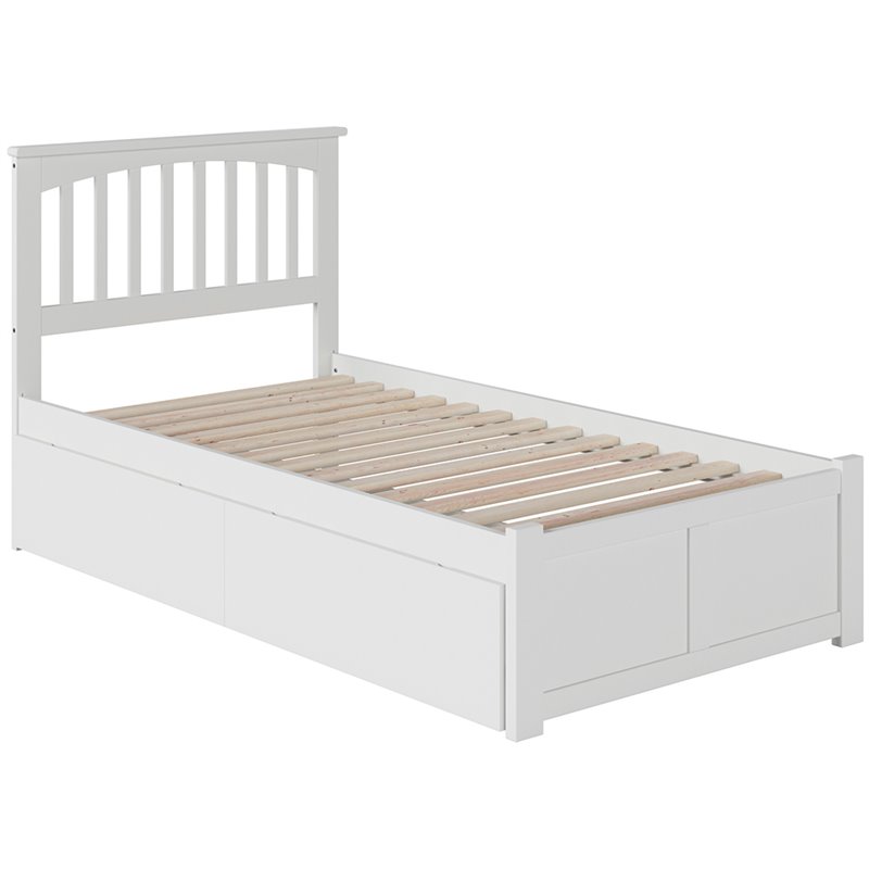 Mission Twin XL Wood Platform Bed with Footboard and Storage Drawers in White