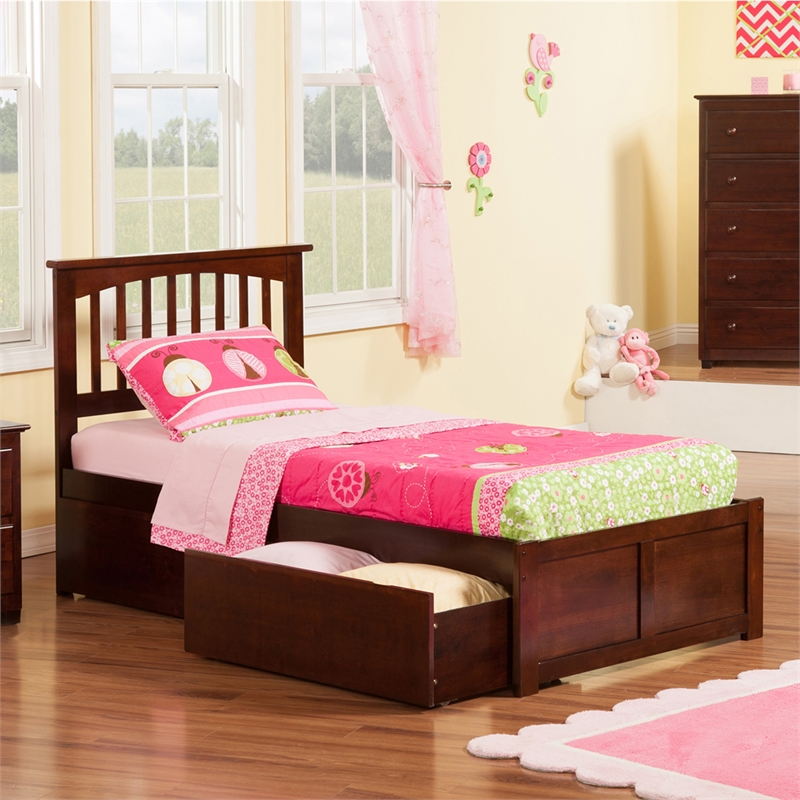 Mission Twin XL Wood Platform Bed with Footboard and Storage Drawers in Walnut