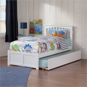 Mission Twin Wood Platform Bed with Footboard and Twin Trundle in White