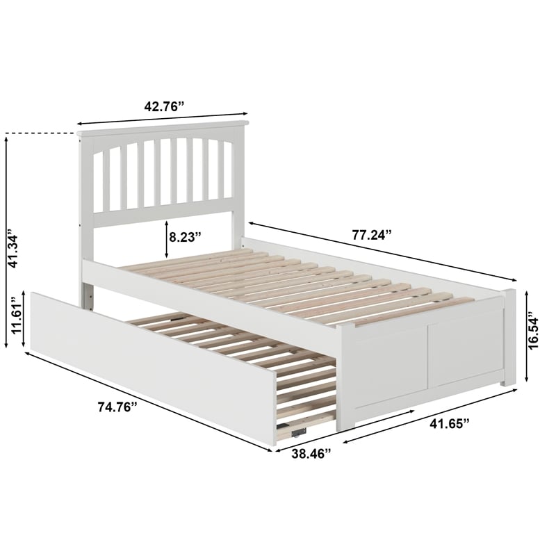 Mission Twin Wood Platform Bed with Footboard and Twin Trundle in White