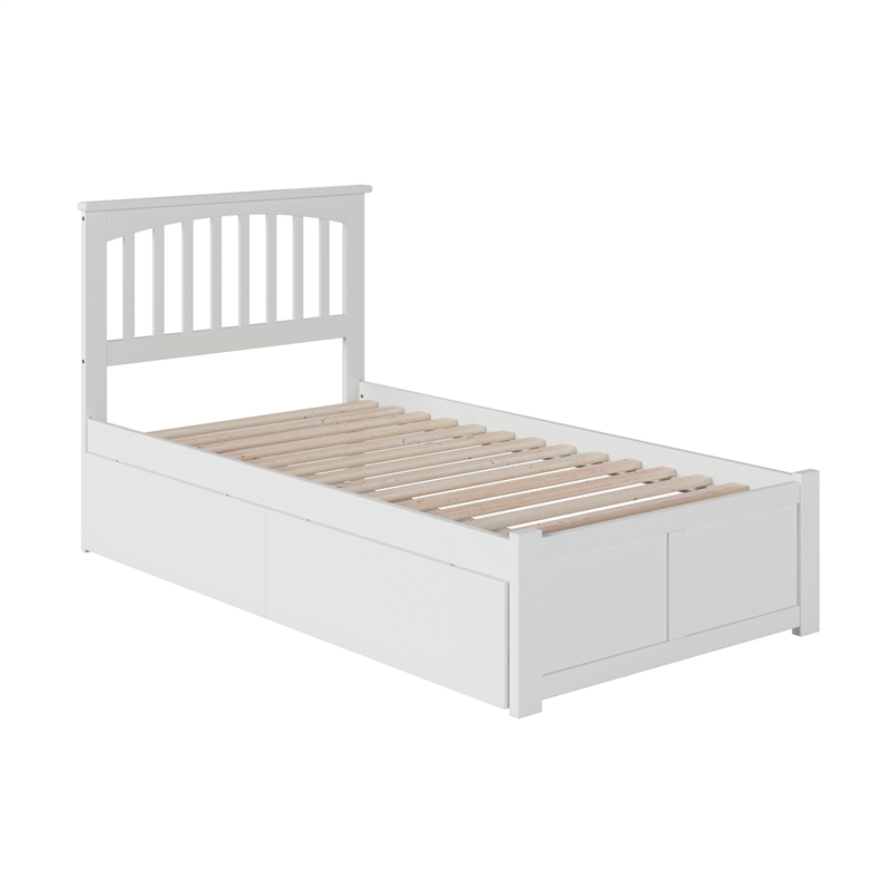 Mission Twin Wood Platform Bed with Footboard and Storage Drawers in White