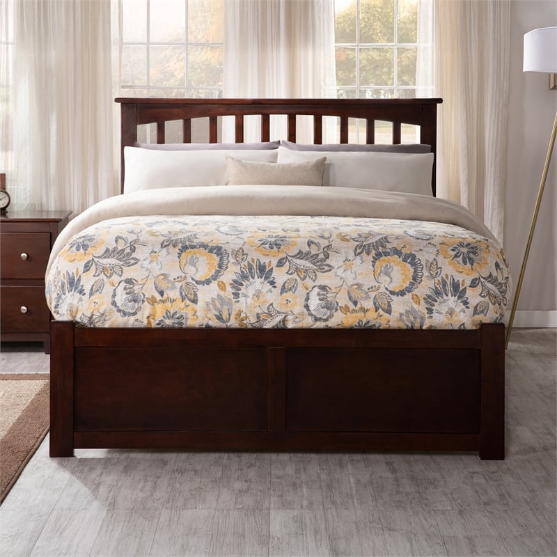 Mission Full Wood Platform Bed with Footboard and Twin Trundle in Walnut
