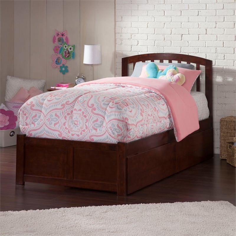 Richmond Twin Wood Platform Bed with Footboard and Storage Drawers in Walnut