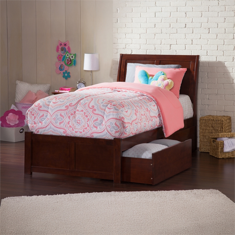Portland Twin XL Wood Platform Bed with Footboard & Storage Drawers in Walnut