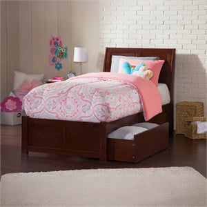 Portland Twin XL Wood Platform Bed with Footboard & Storage Drawers in Walnut