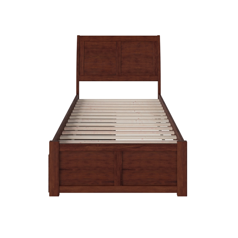 Portland Twin XL Wood Platform Bed with Footboard & Storage Drawers in Walnut
