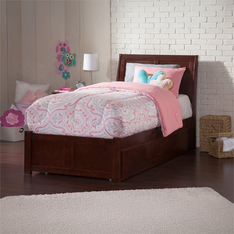 Portland Twin Wood Platform Bed with Footboard and Twin Trundle in Walnut