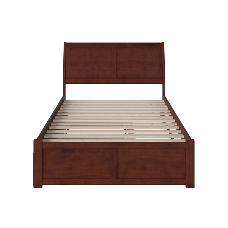 Portland Full Wood Platform Bed with Footboard and Twin Trundle in Walnut