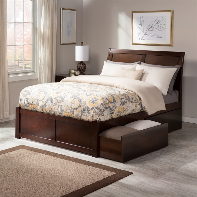 Portland Full Wood Platform Bed with Footboard and Storage Drawers in Walnut