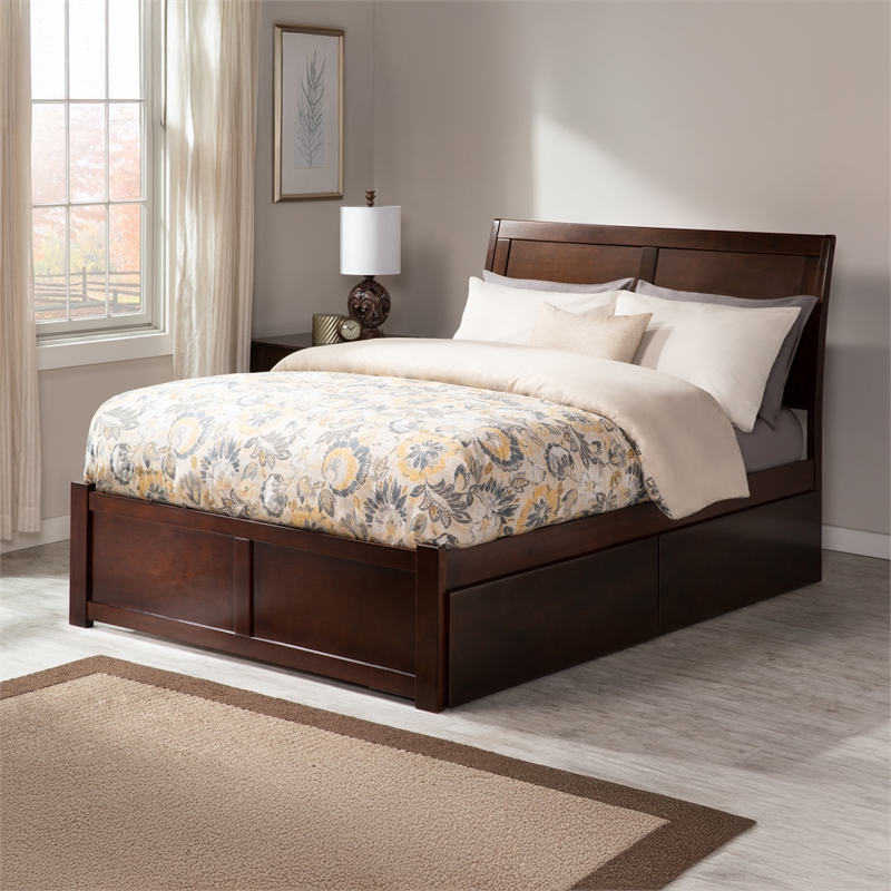 Portland Full Wood Platform Bed with Footboard and Storage Drawers in Walnut