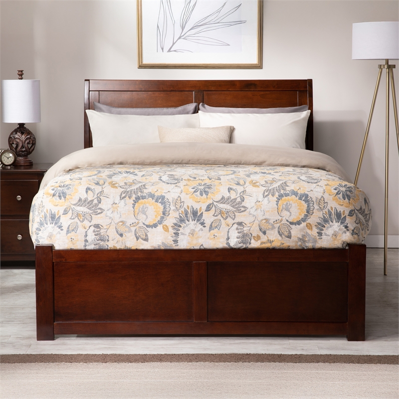 Portland Queen Wood Platform Bed with Footboard & 2 Storage Drawers in Walnut