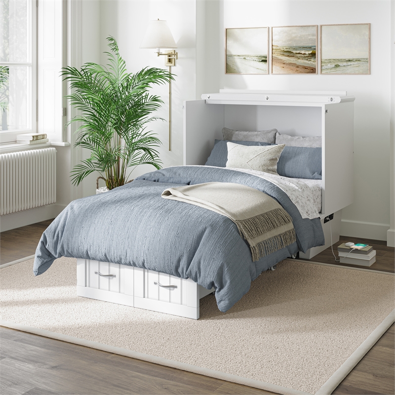 Nantucket Twin Wood Murphy Bed Chest with Mattress and Built-in Charger in White