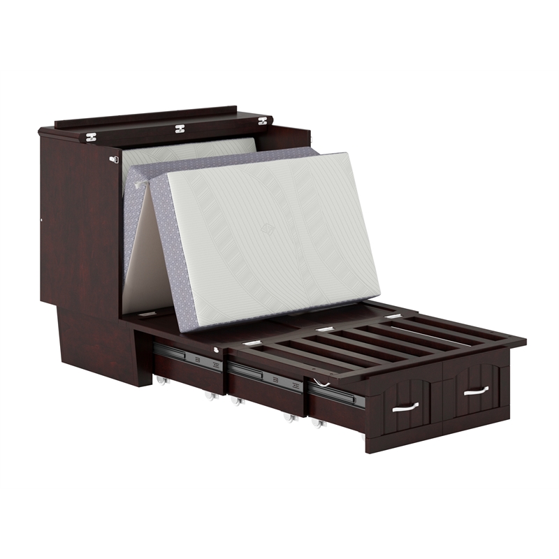 Nantucket Twin Wood Murphy Bed Chest w Mattress and Built-in Charger in Espresso