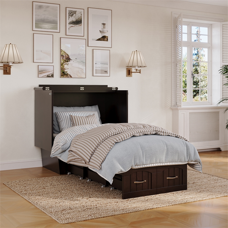 Nantucket Twin Wood Murphy Bed Chest w Mattress and Built-in Charger in Espresso