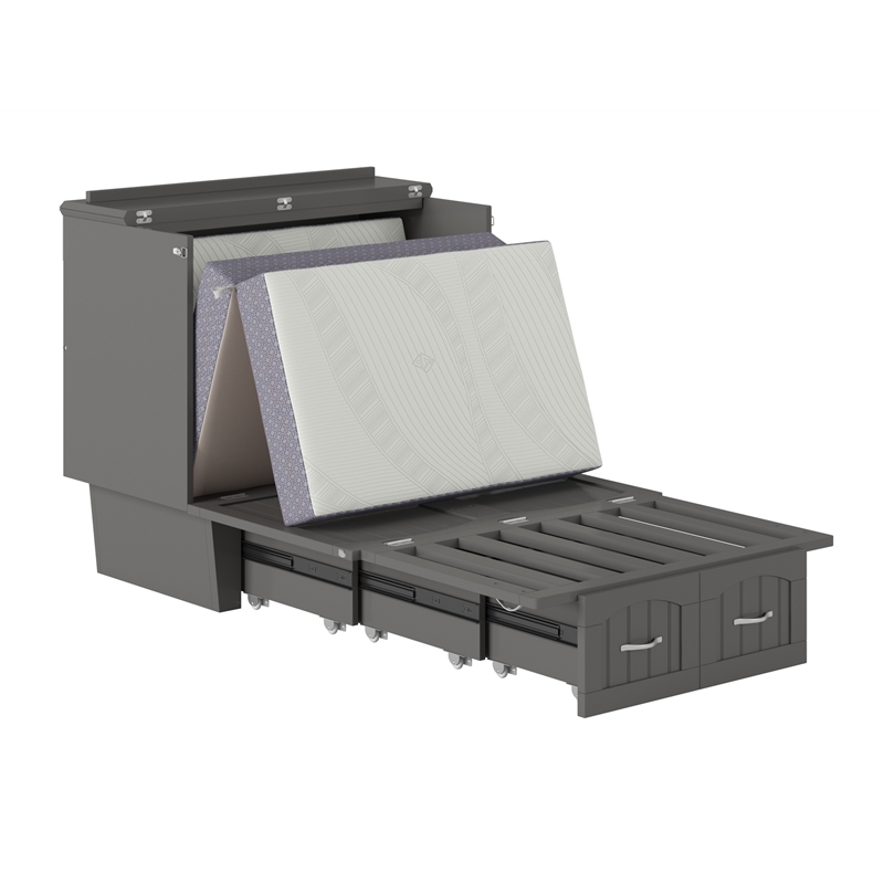 Nantucket Twin Wood Murphy Bed Chest with Mattress and Built-in Charger in Gray