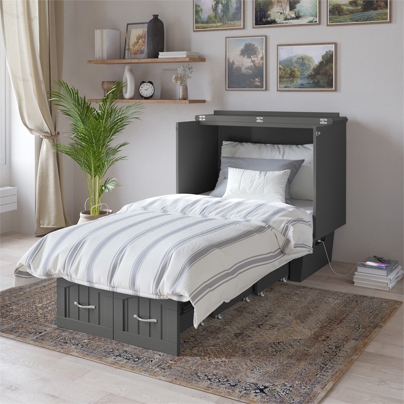 Nantucket Twin Wood Murphy Bed Chest with Mattress and Built-in Charger in Gray