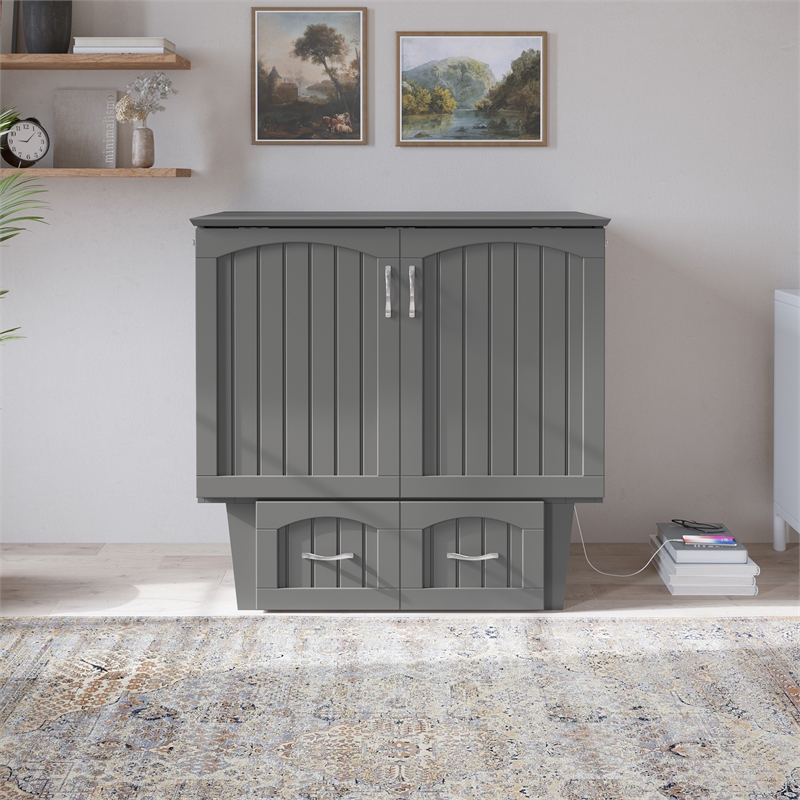 Nantucket Twin Wood Murphy Bed Chest with Mattress and Built-in Charger in Gray