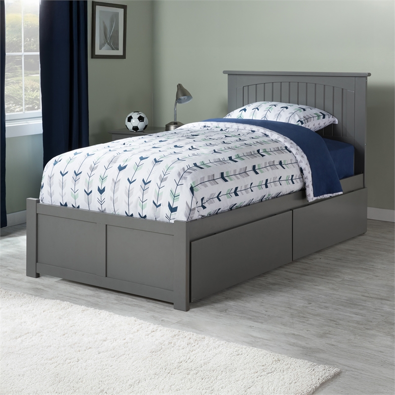 Nantucket Twin Wood Platform Bed with Footboard and Storage Drawers in Grey