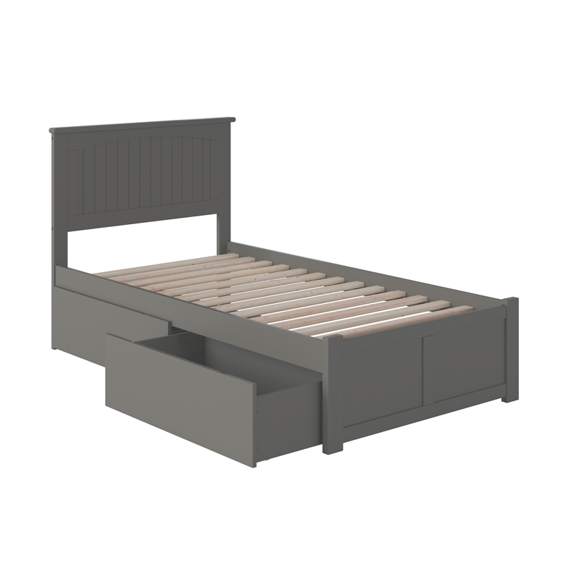 Nantucket Twin Wood Platform Bed with Footboard and Storage Drawers in Grey