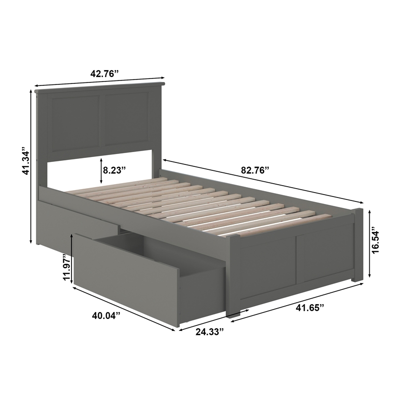 Madison Twin XL Wood Platform Bed with Footboard and Storage Drawers in Grey