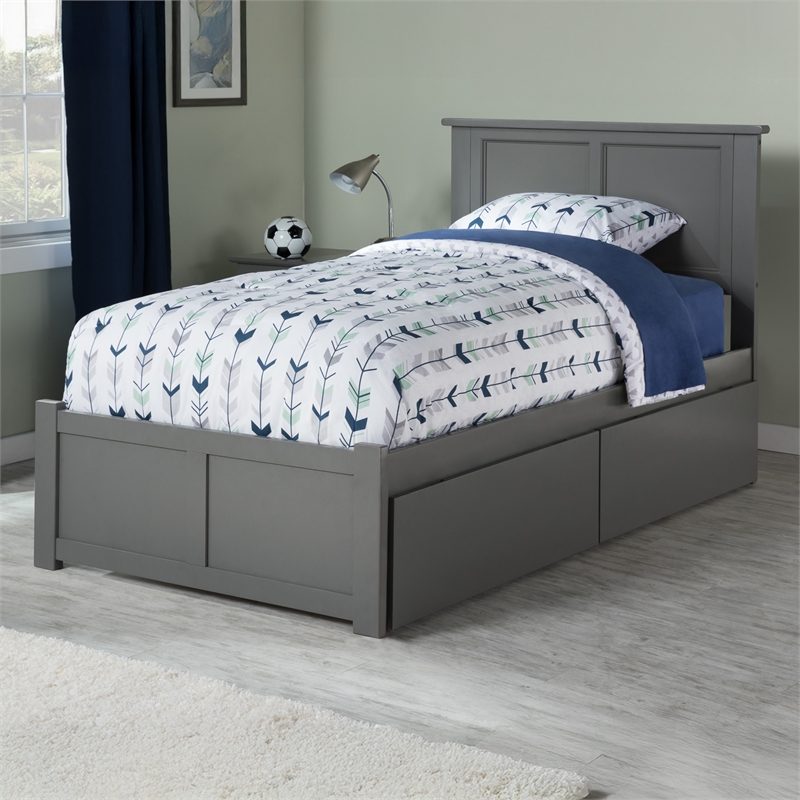 Madison Twin XL Wood Platform Bed with Footboard and Storage Drawers in Grey