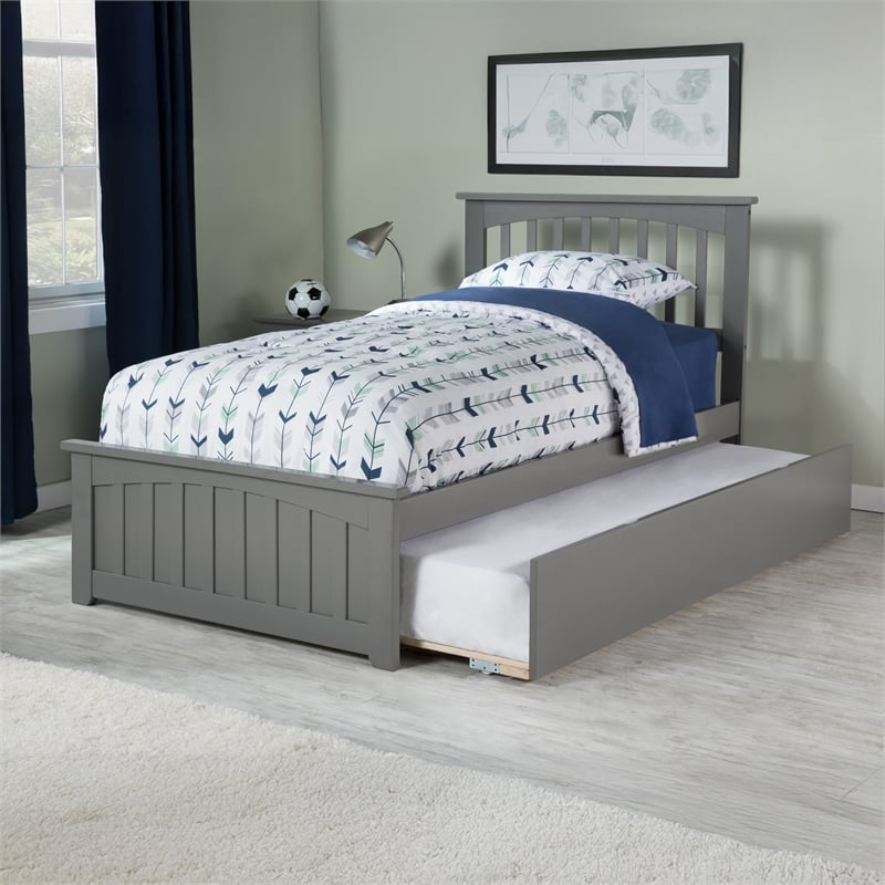 Mission Twin Wood Platform Bed with Matching Footboard & Twin Trundle in Grey