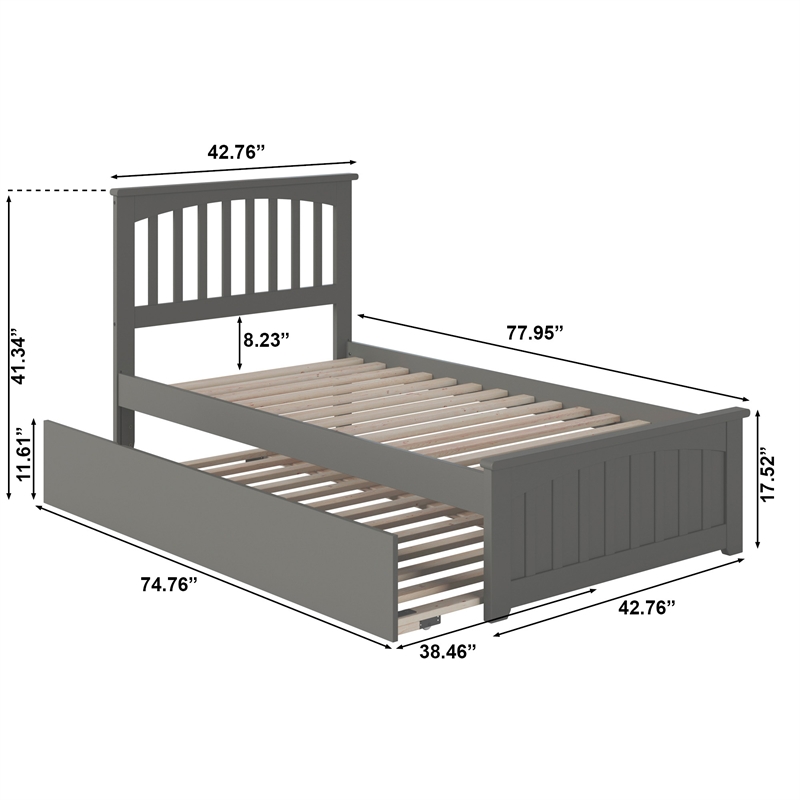 Mission Twin Wood Platform Bed with Matching Footboard & Twin Trundle in Grey