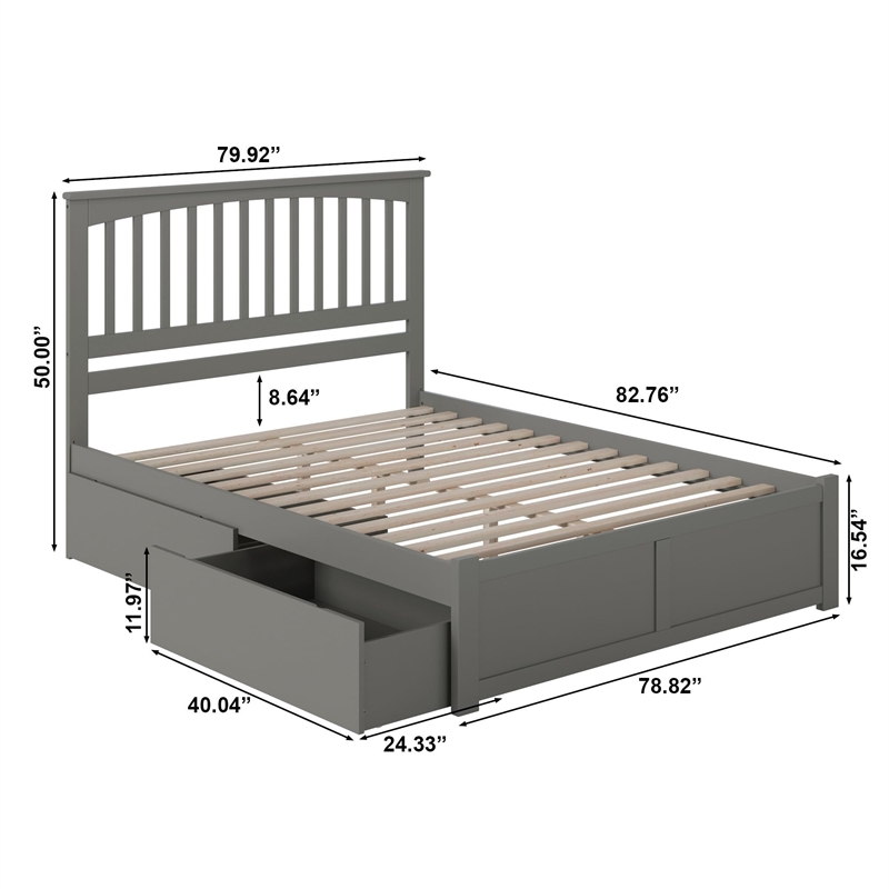 Mission Queen Wood Platform Bed with Footboard and Storage Drawers in Grey