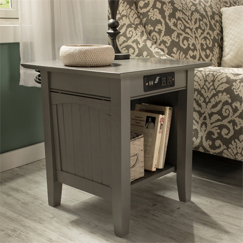AFI Nantucket Solid Wood End Table with Built In Device Charger in Gray