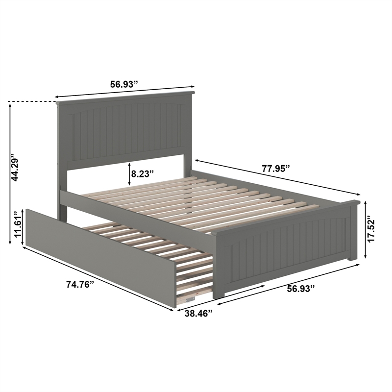 Nantucket Full Platform Bed with Matching Footboard and Twin Trundle in Grey