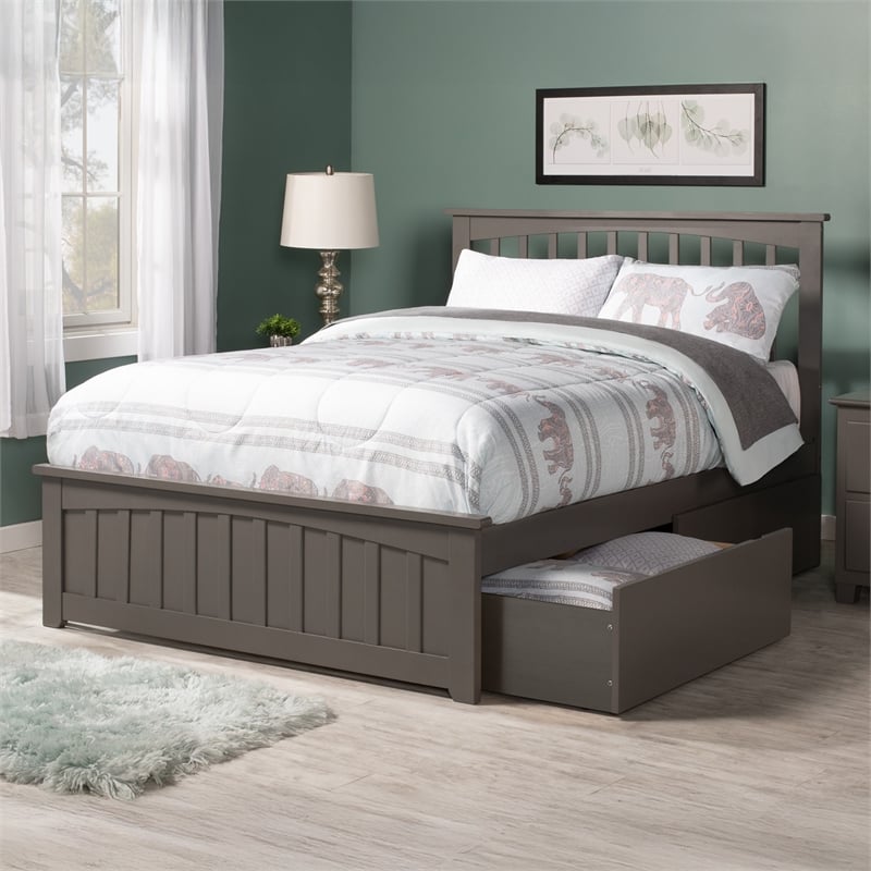 Mission Full Wood Platform Bed with Matching Footboard & Storage Drawers in Grey